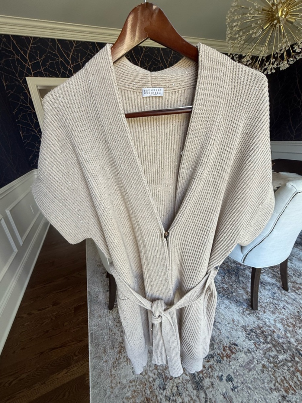 NWT! Brunello Cucinelli Beige Ribbed Wool Belted Cardigan w mini sequins!
